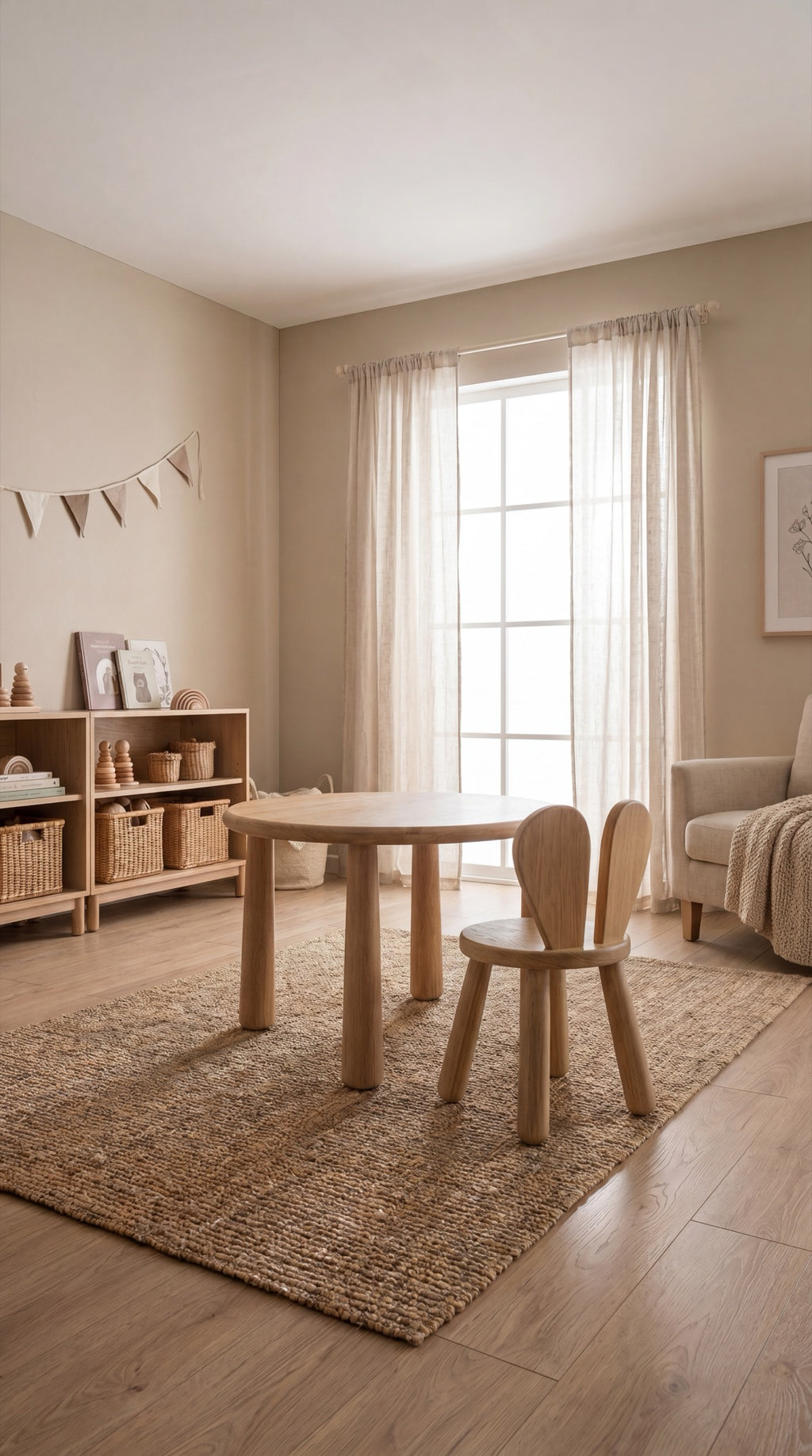 Mesa Nube de madera con silla Pétalo en un cuarto infantil