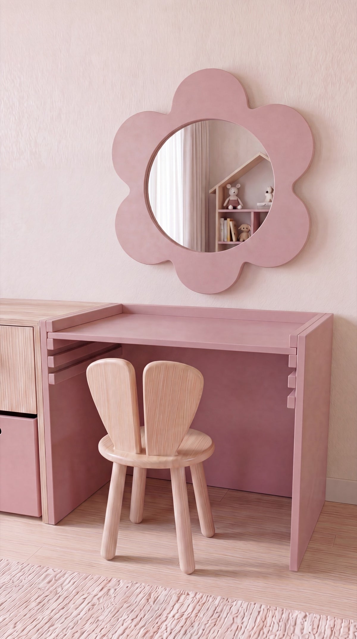 Pack Mona: escritorio rosado con cajonera, silla Pétalo y espejo en forma de flor